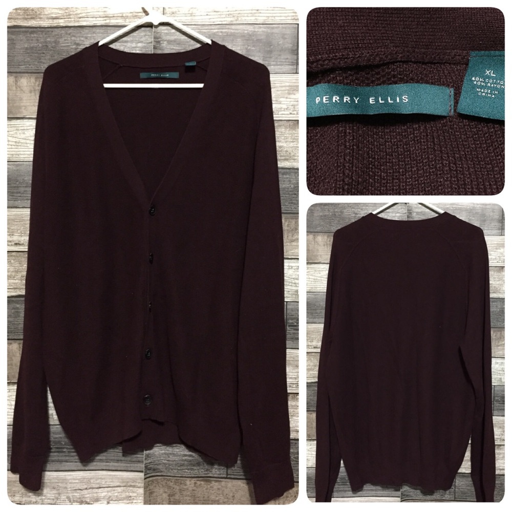 Perry Ellis Cardigan Sweater Men’s XL Burgundy Cotton Blend Button Front